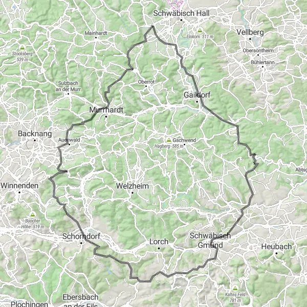 Karten-Miniaturansicht der Radinspiration "Schwäbisch Gmünd Tour" in Stuttgart, Germany. Erstellt vom Tarmacs.app-Routenplaner für Radtouren