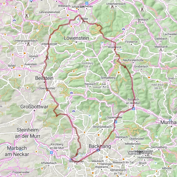 Map miniature of "Challenging Gravel Loop" cycling inspiration in Stuttgart, Germany. Generated by Tarmacs.app cycling route planner