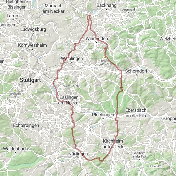 Map miniature of "The Gravel Adventure: Mittelschöntal" cycling inspiration in Stuttgart, Germany. Generated by Tarmacs.app cycling route planner