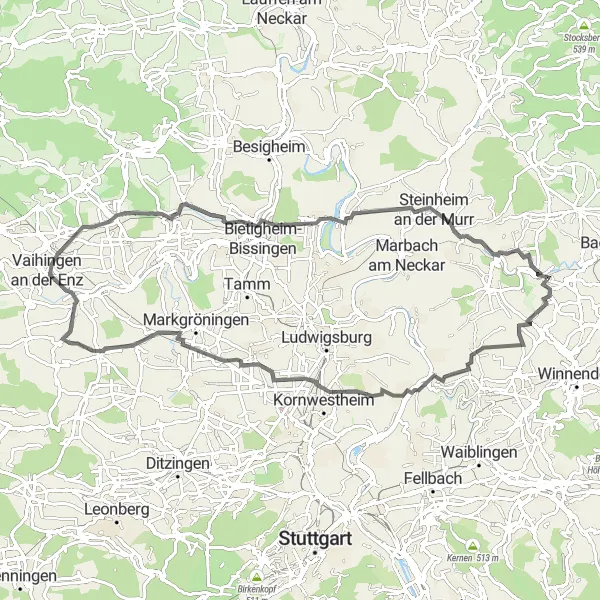 Karten-Miniaturansicht der Radinspiration "Zwischen Weinbergen und Felsen" in Stuttgart, Germany. Erstellt vom Tarmacs.app-Routenplaner für Radtouren