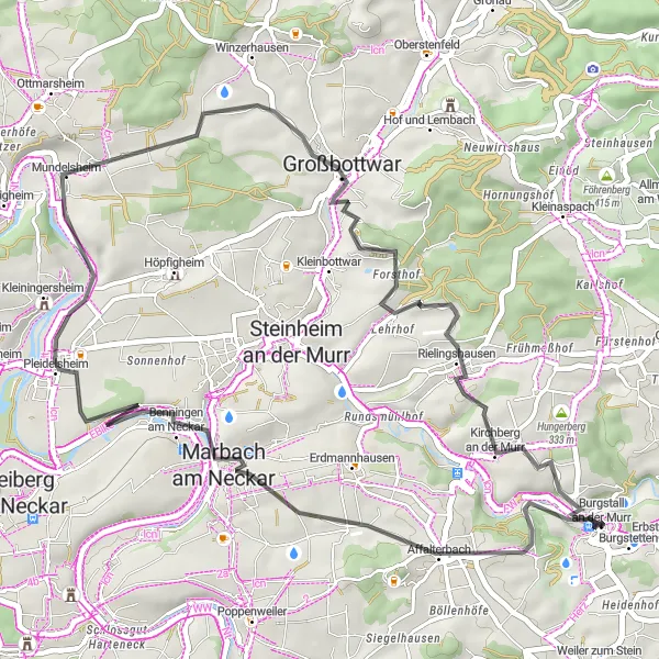 Map miniature of "Countryside Charm and Historic Sites" cycling inspiration in Stuttgart, Germany. Generated by Tarmacs.app cycling route planner