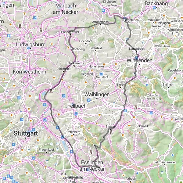 Karten-Miniaturansicht der Radinspiration "Weinberge und Fachwerkhäuser" in Stuttgart, Germany. Erstellt vom Tarmacs.app-Routenplaner für Radtouren