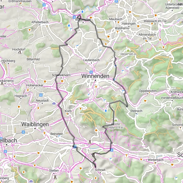 Karten-Miniaturansicht der Radinspiration "Von Beutelsbach nach Steinächle" in Stuttgart, Germany. Erstellt vom Tarmacs.app-Routenplaner für Radtouren