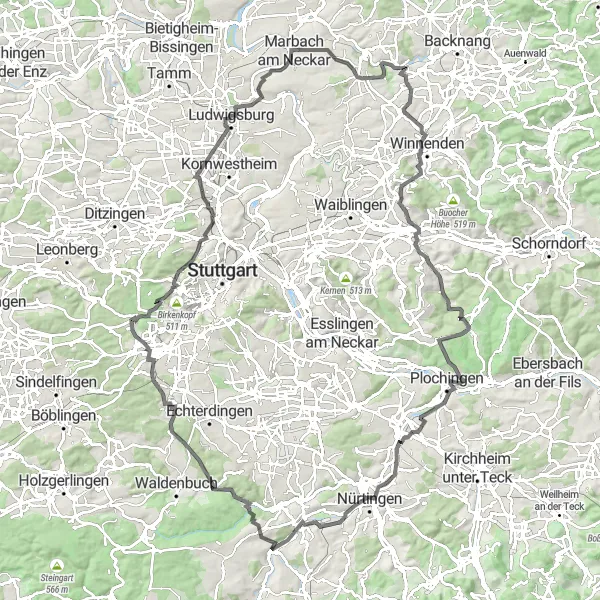 Karten-Miniaturansicht der Radinspiration "Historische Sehenswürdigkeiten und stolze Türme" in Stuttgart, Germany. Erstellt vom Tarmacs.app-Routenplaner für Radtouren