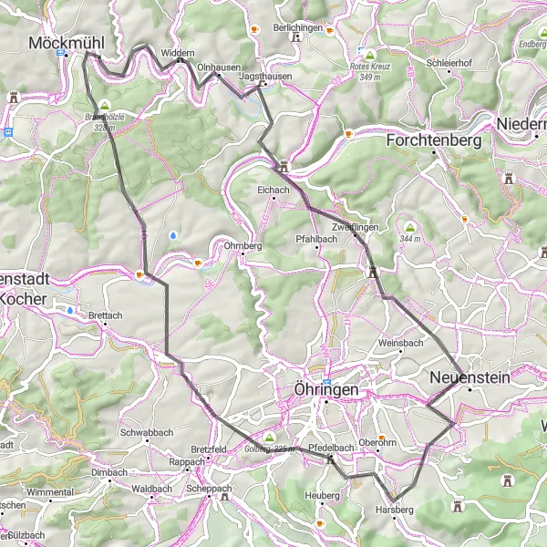 Karten-Miniaturansicht der Radinspiration "Erlebnisreiche Tour durch die Hohenloher Ebene" in Stuttgart, Germany. Erstellt vom Tarmacs.app-Routenplaner für Radtouren