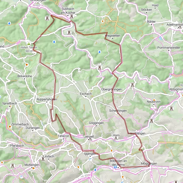 Map miniature of "Gravel Adventure: Mögglingen to Schechingen" cycling inspiration in Stuttgart, Germany. Generated by Tarmacs.app cycling route planner