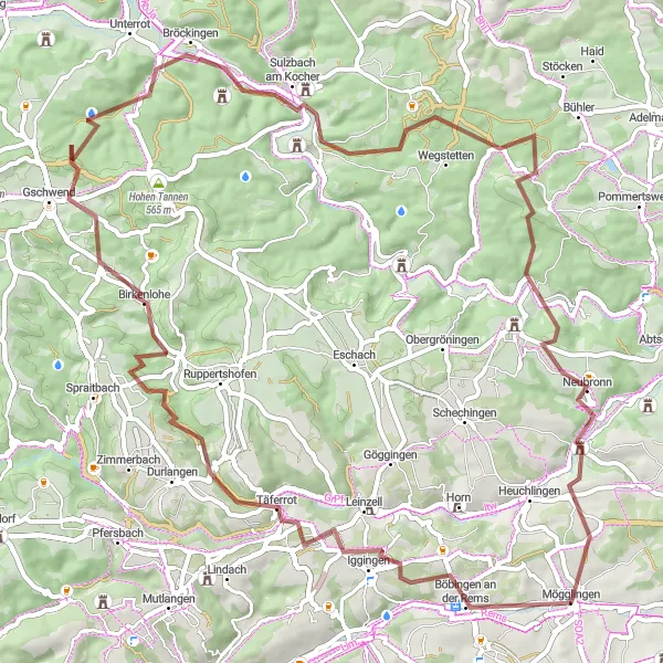 Map miniature of "Nature's Beauty: Mögglingen to Täferrot" cycling inspiration in Stuttgart, Germany. Generated by Tarmacs.app cycling route planner