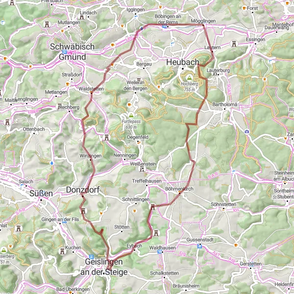 Karten-Miniaturansicht der Radinspiration "Abenteuerliche Gravel-Tour durch Geislingen an der Steige und Mögglingen" in Stuttgart, Germany. Erstellt vom Tarmacs.app-Routenplaner für Radtouren