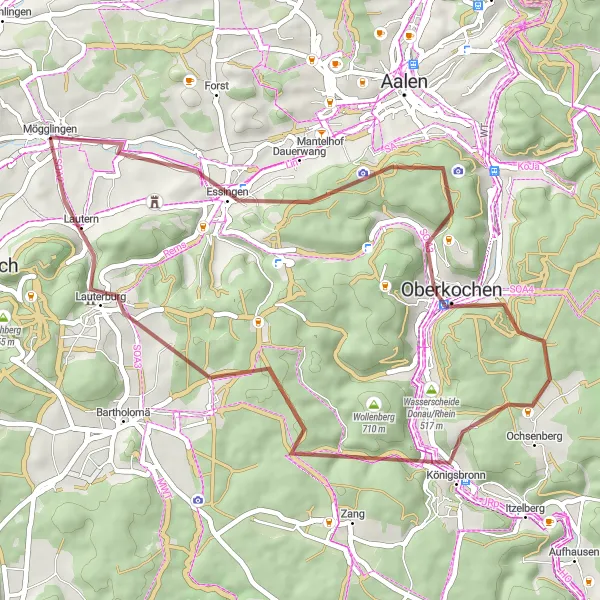 Map miniature of "Gravel Adventure Loop near Mögglingen" cycling inspiration in Stuttgart, Germany. Generated by Tarmacs.app cycling route planner