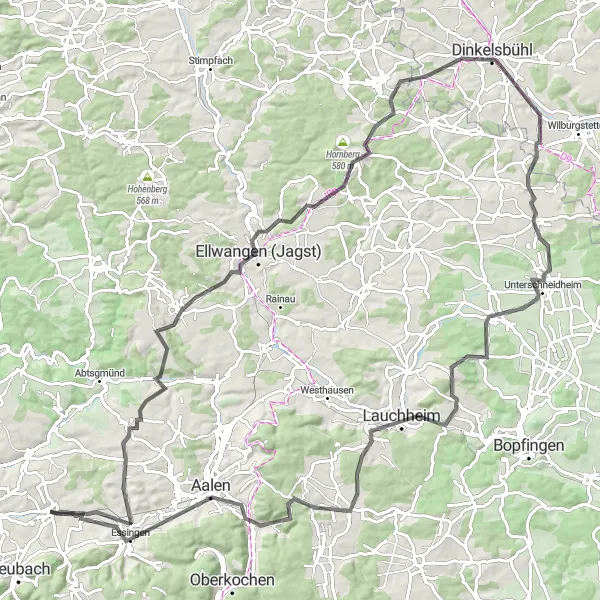 Map miniature of "The Rems-Kocher Circuit: Mögglingen to Dinkelsbühl" cycling inspiration in Stuttgart, Germany. Generated by Tarmacs.app cycling route planner