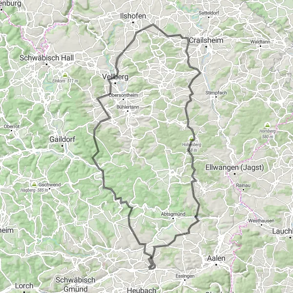 Karten-Miniaturansicht der Radinspiration "Roadbike-Tour durch Vellberg und Schloss Honhardt" in Stuttgart, Germany. Erstellt vom Tarmacs.app-Routenplaner für Radtouren