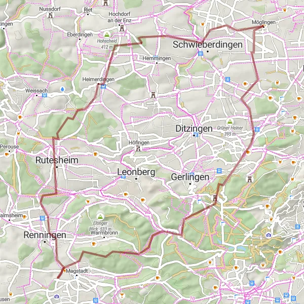 Karten-Miniaturansicht der Radinspiration "Gravel-Tour rund um Möglingen" in Stuttgart, Germany. Erstellt vom Tarmacs.app-Routenplaner für Radtouren