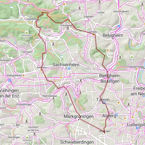 Map miniature of "Markgröningen Adventure" cycling inspiration in Stuttgart, Germany. Generated by Tarmacs.app cycling route planner