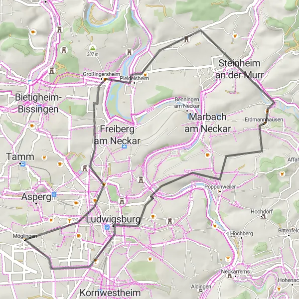 Karten-Miniaturansicht der Radinspiration "Abwechslungsreiche Road-Tour rund um Stuttgart" in Stuttgart, Germany. Erstellt vom Tarmacs.app-Routenplaner für Radtouren