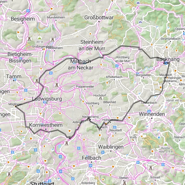 Map miniature of "The Neckar Loop" cycling inspiration in Stuttgart, Germany. Generated by Tarmacs.app cycling route planner