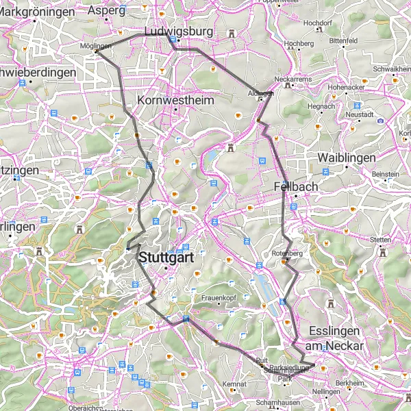 Map miniature of "Hills and Sights" cycling inspiration in Stuttgart, Germany. Generated by Tarmacs.app cycling route planner