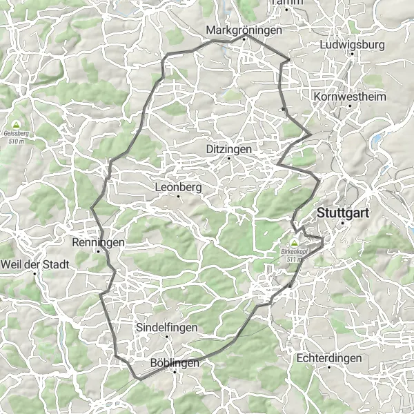 Karten-Miniaturansicht der Radinspiration "Rundtour durch das Stuttgarter Umland" in Stuttgart, Germany. Erstellt vom Tarmacs.app-Routenplaner für Radtouren