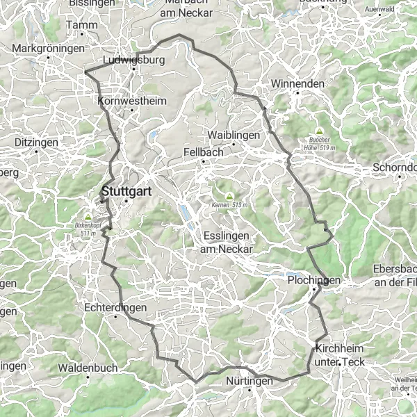Karten-Miniaturansicht der Radinspiration "Eindrucksvolle Road-Tour durch Stuttgart und Umgebung" in Stuttgart, Germany. Erstellt vom Tarmacs.app-Routenplaner für Radtouren