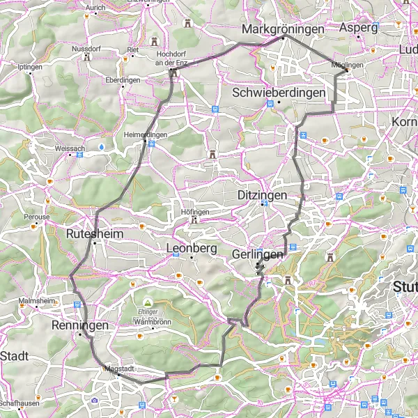 Map miniature of "Markgröningen Loop" cycling inspiration in Stuttgart, Germany. Generated by Tarmacs.app cycling route planner