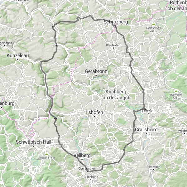 Karten-Miniaturansicht der Radinspiration "Erlebnistour durch das Jagsttal" in Stuttgart, Germany. Erstellt vom Tarmacs.app-Routenplaner für Radtouren