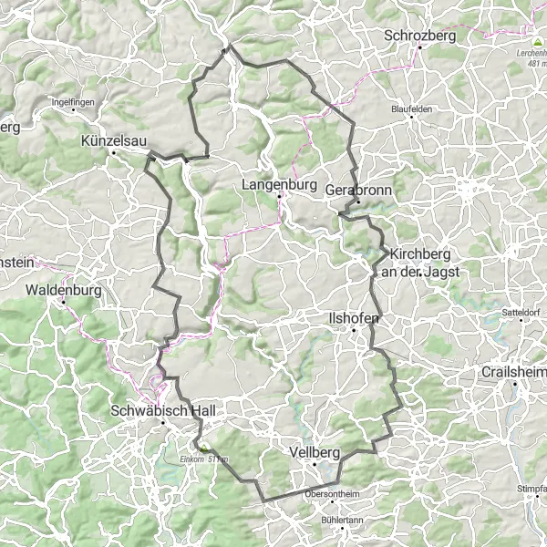 Karten-Miniaturansicht der Radinspiration "Panorama-Tour durch das Hohenloher Land" in Stuttgart, Germany. Erstellt vom Tarmacs.app-Routenplaner für Radtouren