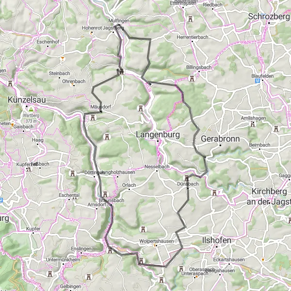 Karten-Miniaturansicht der Radinspiration "Jagsttal-Runde" in Stuttgart, Germany. Erstellt vom Tarmacs.app-Routenplaner für Radtouren