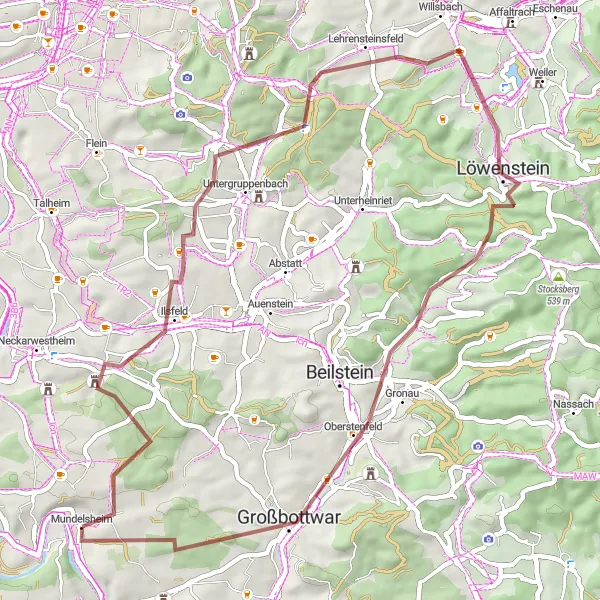 Map miniature of "Scenic Gravel Ride to Mundelsheim" cycling inspiration in Stuttgart, Germany. Generated by Tarmacs.app cycling route planner