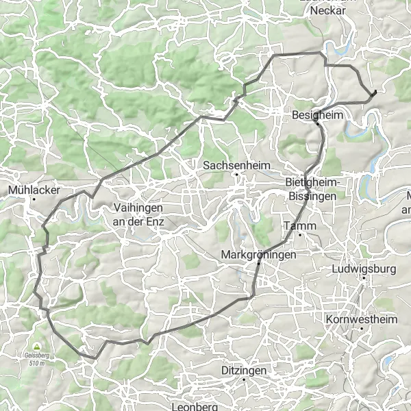 Map miniature of "Challenging Ride through Enchanting Landscapes" cycling inspiration in Stuttgart, Germany. Generated by Tarmacs.app cycling route planner