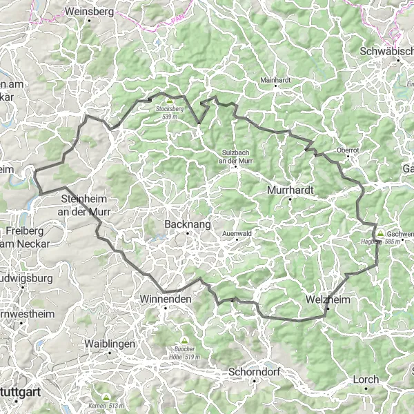 Map miniature of "Wunnenstein and Beyond" cycling inspiration in Stuttgart, Germany. Generated by Tarmacs.app cycling route planner