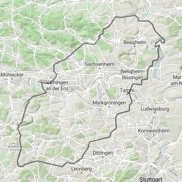 Map miniature of "Hohenasperg and Eselsberg Road Loop" cycling inspiration in Stuttgart, Germany. Generated by Tarmacs.app cycling route planner