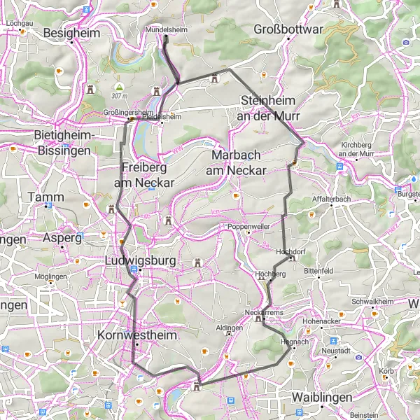 Map miniature of "Enchanting Tour through Murr Valley" cycling inspiration in Stuttgart, Germany. Generated by Tarmacs.app cycling route planner