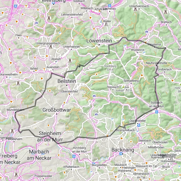 Map miniature of "Beilstein and Löwensteiner Platte Road Loop" cycling inspiration in Stuttgart, Germany. Generated by Tarmacs.app cycling route planner