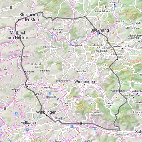 Karten-Miniaturansicht der Radinspiration "Zwischen Steinheim und Waiblingen" in Stuttgart, Germany. Erstellt vom Tarmacs.app-Routenplaner für Radtouren