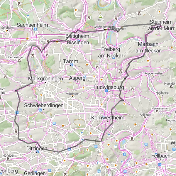 Karten-Miniaturansicht der Radinspiration "Genießen Sie die Straßen von Marbach" in Stuttgart, Germany. Erstellt vom Tarmacs.app-Routenplaner für Radtouren