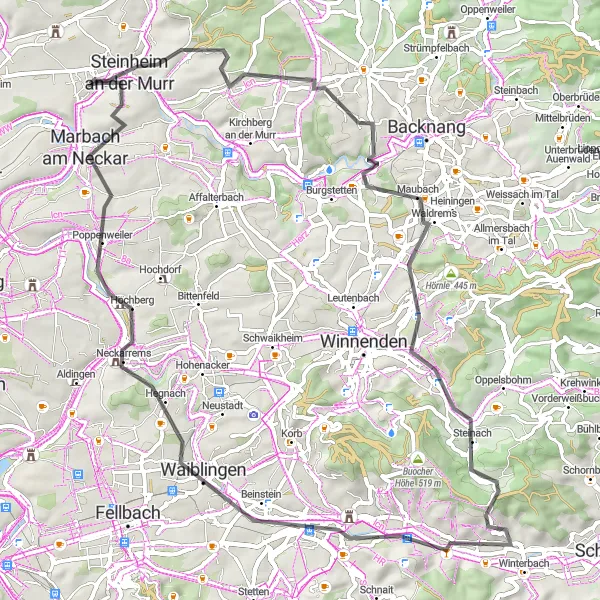Karten-Miniaturansicht der Radinspiration "Radfahren um Steinheim an der Murr" in Stuttgart, Germany. Erstellt vom Tarmacs.app-Routenplaner für Radtouren