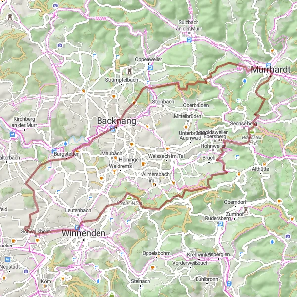 Map miniature of "Tranquil Gravel Ride in Murrhardt" cycling inspiration in Stuttgart, Germany. Generated by Tarmacs.app cycling route planner