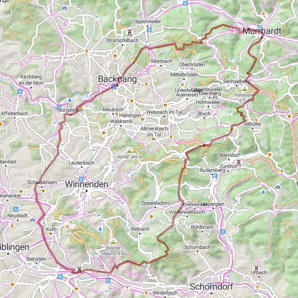 Map miniature of "The Grunbach Loop" cycling inspiration in Stuttgart, Germany. Generated by Tarmacs.app cycling route planner