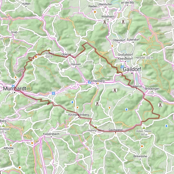 Map miniature of "Thrilling Gravel Cycling Route near Murrhardt" cycling inspiration in Stuttgart, Germany. Generated by Tarmacs.app cycling route planner