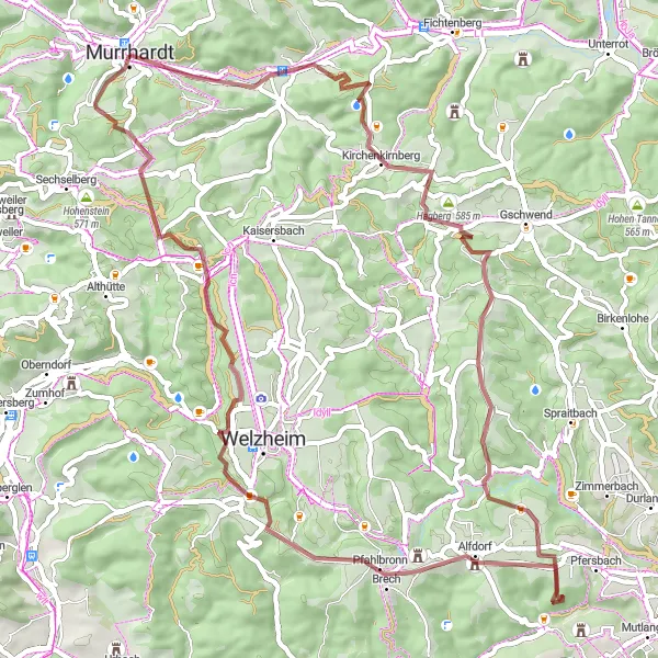 Map miniature of "Challenging Gravel Tour in Murrhardt" cycling inspiration in Stuttgart, Germany. Generated by Tarmacs.app cycling route planner