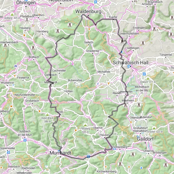 Map miniature of "Demanding Road Cycling Adventure near Murrhardt" cycling inspiration in Stuttgart, Germany. Generated by Tarmacs.app cycling route planner