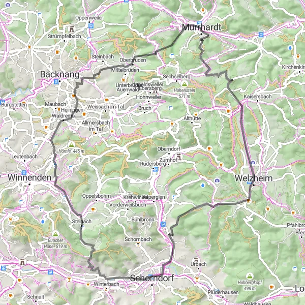 Map miniature of "The Murrhardt Discovery" cycling inspiration in Stuttgart, Germany. Generated by Tarmacs.app cycling route planner