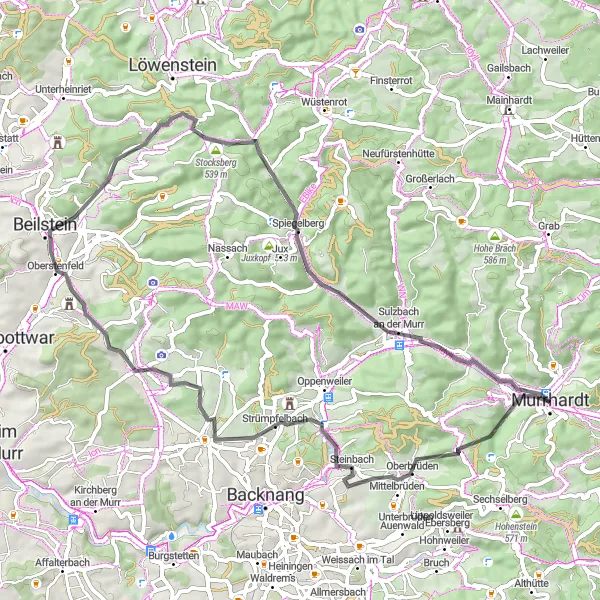 Map miniature of "The Beilstein Circular" cycling inspiration in Stuttgart, Germany. Generated by Tarmacs.app cycling route planner