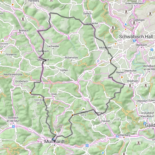Map miniature of "The Mainhardt Route" cycling inspiration in Stuttgart, Germany. Generated by Tarmacs.app cycling route planner