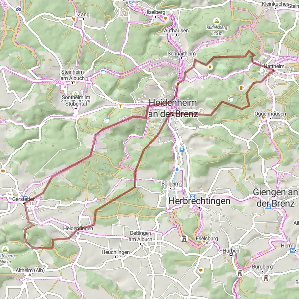 Map miniature of "Heidenheim Gravel Loop" cycling inspiration in Stuttgart, Germany. Generated by Tarmacs.app cycling route planner