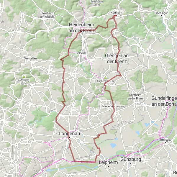 Map miniature of "Giengen Gravel Loop" cycling inspiration in Stuttgart, Germany. Generated by Tarmacs.app cycling route planner