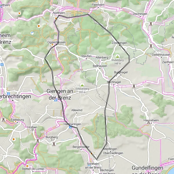 Karten-Miniaturansicht der Radinspiration "Kultur und Natur rund um Zöschingen" in Stuttgart, Germany. Erstellt vom Tarmacs.app-Routenplaner für Radtouren