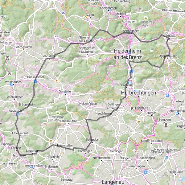 Map miniature of "Nattheim and the Albuch" cycling inspiration in Stuttgart, Germany. Generated by Tarmacs.app cycling route planner