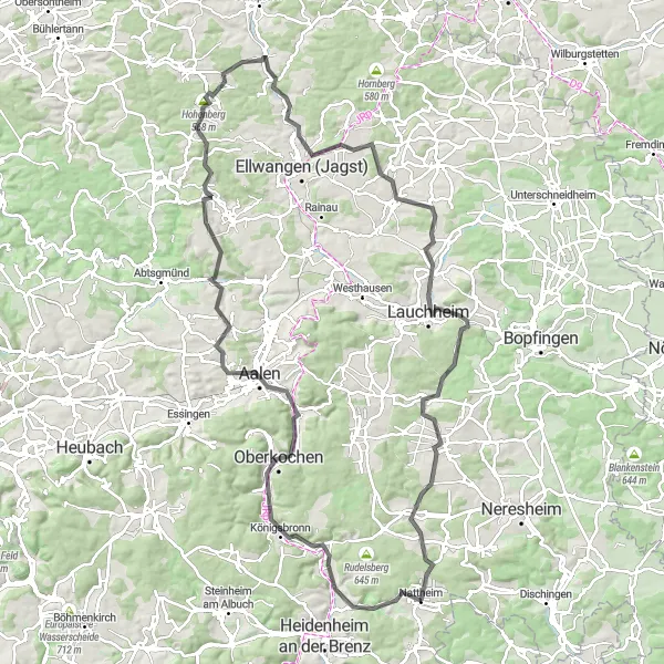 Map miniature of "Scenic Ride Through Aalen" cycling inspiration in Stuttgart, Germany. Generated by Tarmacs.app cycling route planner