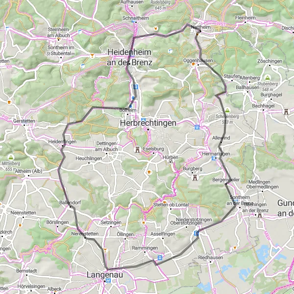 Karten-Miniaturansicht der Radinspiration "Hügelland-Rundfahrt von Nattheim" in Stuttgart, Germany. Erstellt vom Tarmacs.app-Routenplaner für Radtouren