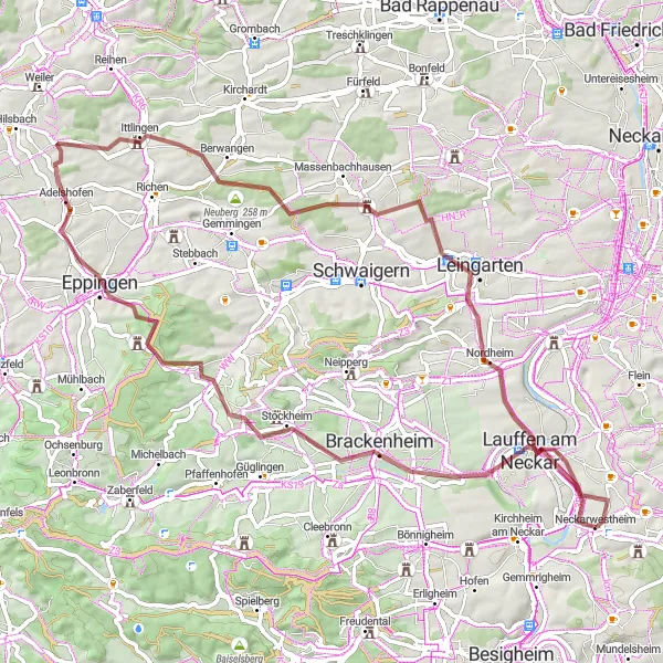 Map miniature of "Neckarwestheim Gravel Adventure" cycling inspiration in Stuttgart, Germany. Generated by Tarmacs.app cycling route planner
